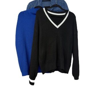 Womens Sweater bundle of 3 black v neck White Trim blue turtleneck & button down